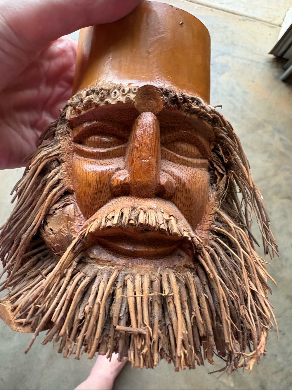 Hand-Carved Wooden Bearded Face Mask - Brown